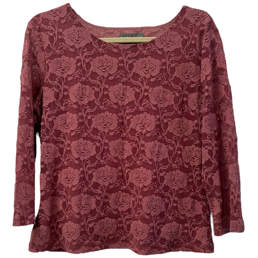 Kate Hill NWT Women’s Rose Lace Overlay‎ 3/4 Sleeve Blouse  Sz L